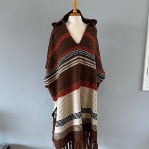 Free People Brown Hooded Striped Poncho with Fringe